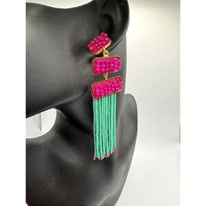 Green Pink Seed Bead Long Tiered Tassel Fringe Earrings Formal Boho